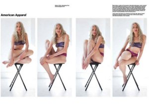 62-year-old Jacky O'Shaughnessy, models for American Apparel. She breaks the typical model image which is controversial and an attention grabber. 